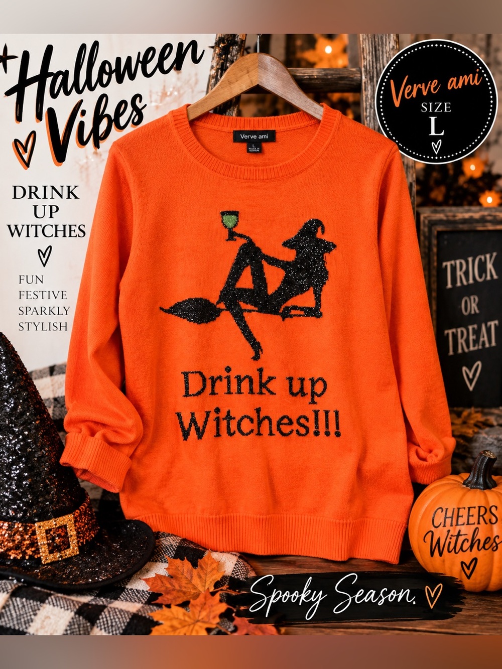 Verve Ami Drink Up Witches Halloween Sweater Large Sparkly Witch Orange